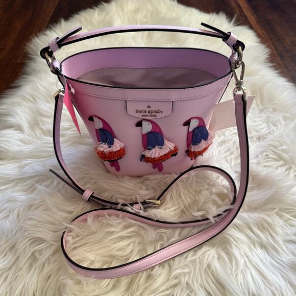 NEW Kate Spade NY Pippa Flock Party Parrot Pink Small Bucket Crossbody Bag - Picture 10 of 12